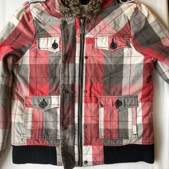 Roxy Women Jacket M Red Plaid Button Faux Fur Zipper Ribbed Hem Cuffs Full Zip - Picture 8 of 9
